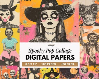 Papel digital retro pop de Halloween, papeles de collage espeluznantes, fondos de Halloween en rosa y naranja, páginas para diarios creativos, láminas artísticas de retratos terroríficos.