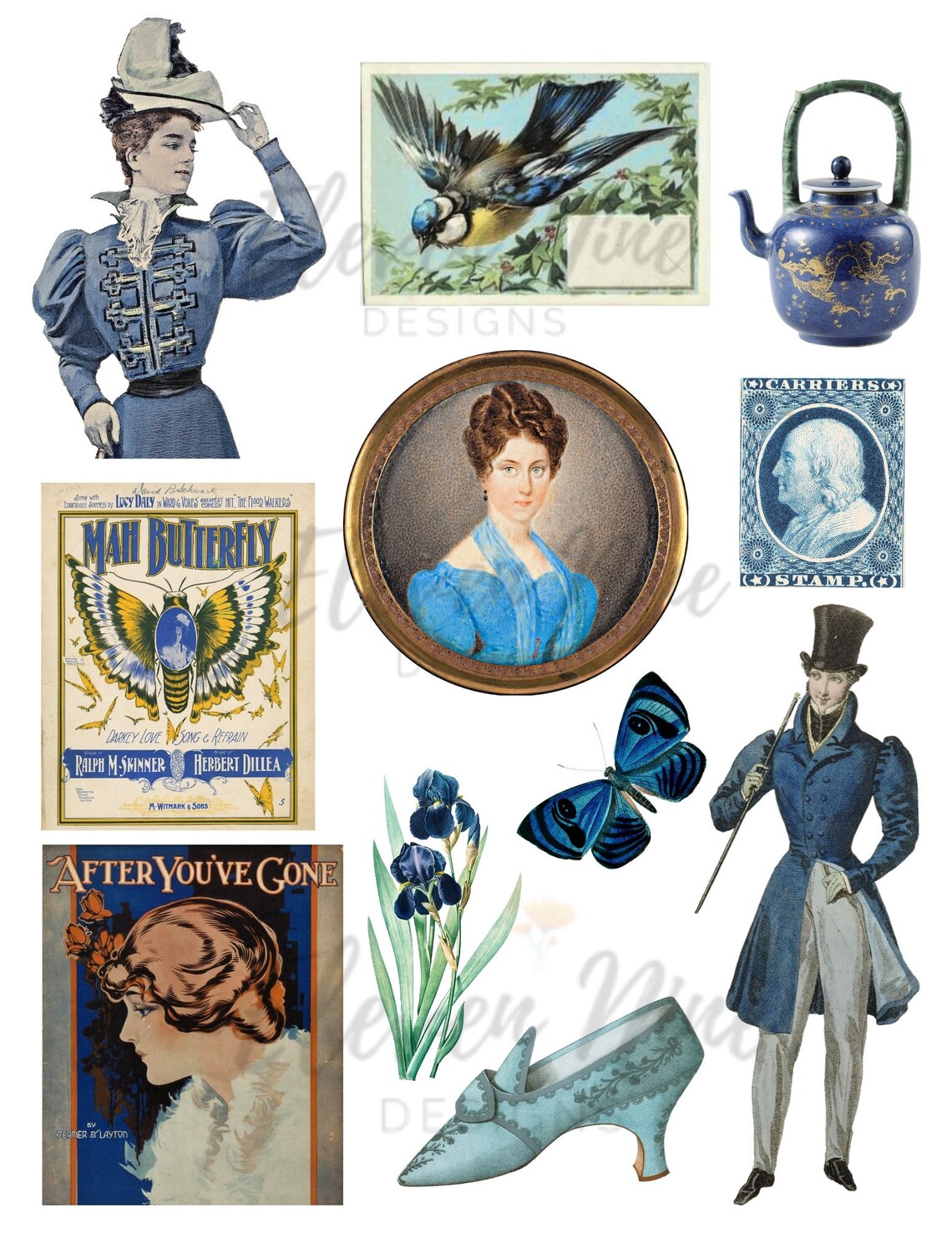 Blue Themed Ephemera Digital Collage Sheet Printable Etsy