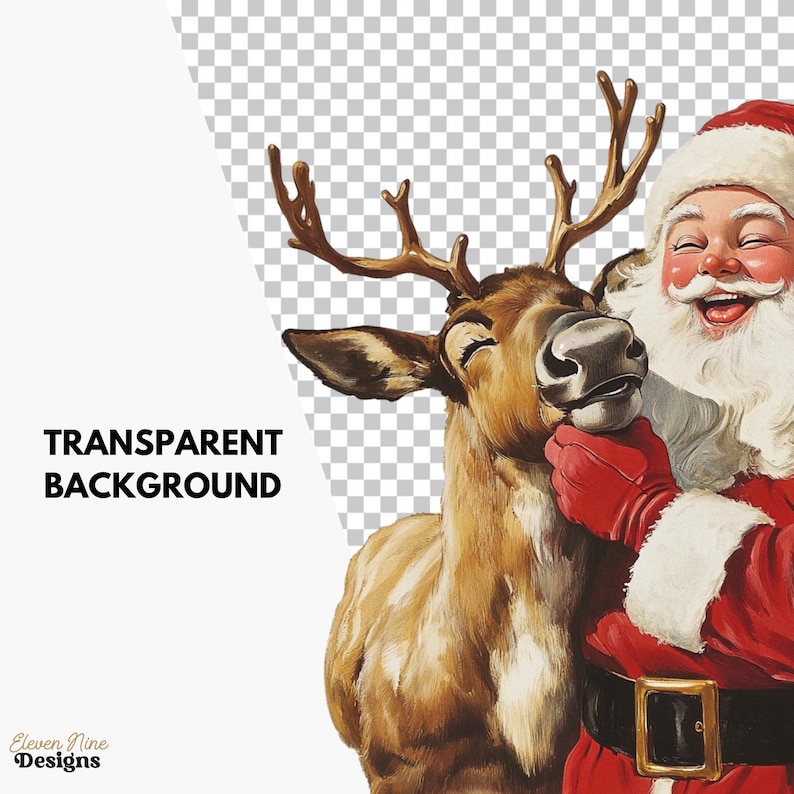 May include: A vintage-style illustration of Santa Claus and a reindeer. Santa, in a red suit and hat, is smiling and touching the reindeer's face. The reindeer has brown fur and antlers. The words "TRANSPARENT BACKGROUND" are on the left.