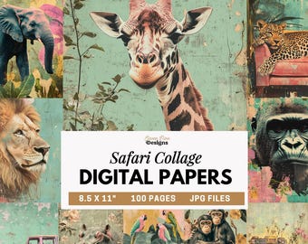 Safari Digital Paper, Jungle Scrapbook Paper, African Animal Printables, Vintage Safari, Pink and Green Printable Collage, Journal Pages
