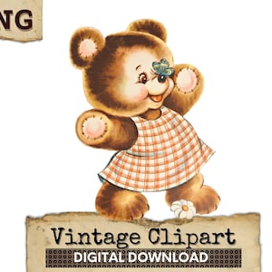 Vintage Mädchen Teddybär Clipart, Brauner Bär Digitaler Download, Retro Clip Art, Süßer Bär PNG, Braunbär PNG