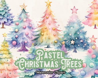 Watercolor Pastel Christmas Clipart, Pastel Christmas Tree PNG, Pink Christmas Clipart, Winter Holiday Clipart, Watercolor Christmas Images