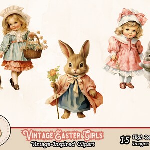 Puede incluir: Clipart de inspiraci&oacute;n vintage con tres im&aacute;genes de chicas con vestidos y gorros con conejos. Las chicas sostienen cestas, flores y un conejo. El texto "Vintage Easter Girls" y "Vintage-Inspired Clipart" est&aacute; en la parte inferior de la imagen. El texto "15 High Resolution Images Included" est&aacute; en la parte inferior derecha de la imagen.