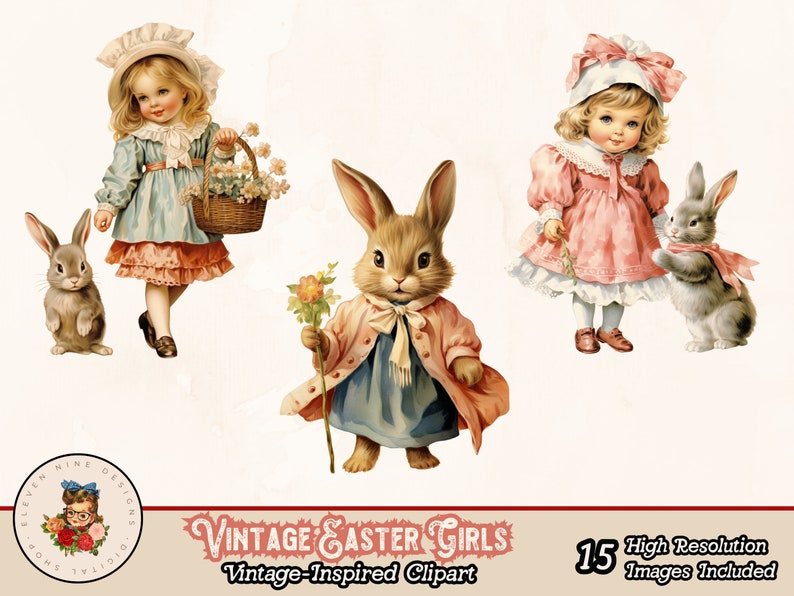 Puede incluir: Clipart de inspiraci&oacute;n vintage con tres im&aacute;genes de chicas con vestidos y gorros con conejos. Las chicas sostienen cestas, flores y un conejo. El texto "Vintage Easter Girls" y "Vintage-Inspired Clipart" est&aacute; en la parte inferior de la imagen. El texto "15 High Resolution Images Included" est&aacute; en la parte inferior derecha de la imagen.