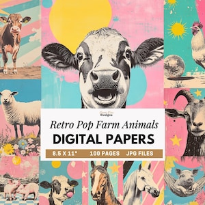 Può includere: Un collage vivace di animali da fattoria retrò pop art, tra cui una mucca, una pecora e un maiale. Il testo recita "Retro Pop Farm Animals DIGITAL PAPERS", con dimensioni di 8,5 x 11 pollici (circa 21,6 x 27,9 cm).