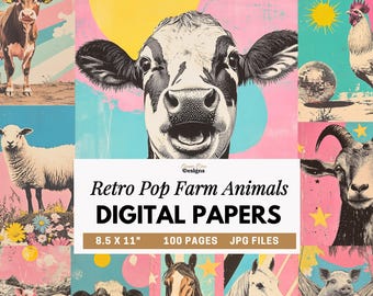 Retro Pop Farm Digital Paper, Printable Collage Animal Backgrounds for Junk Journals, Scrapbooking, Art Journaling, Cows, Pigs, Horses JPGs