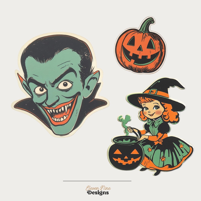 Puede incluir: Tres pegatinas con tem&aacute;tica de Halloween que muestran a un vampiro de piel verde con colmillos afilados, una calabaza naranja tipo farol y una bruja de pelo naranja con sombrero y vestido negros, removiendo un caldero negro con cara de calabaza.