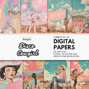May include: A collage of digital papers with a retro disco cowgirl theme. The images feature a woman in a cowboy hat, a motel sign, and a disco ball. The text on the image reads "Disco Cowgirl" and "DIGITAL PAPERS". The papers are 8.5x11 inches.