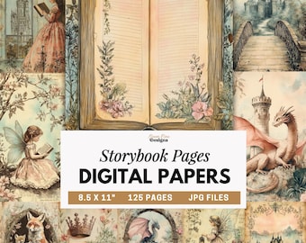 Vintage Storybook Digital Paper, Fairy Tale Junk Journal Pages, Enchanted Forest Art, Fantasy Scrapbook Paper,  Ephemera Printable
