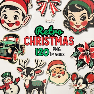 Retro Christmas Stickers & Clipart, Vintage Christmas PNG, Cute Christmas Graphics, Retro Christmas Illustrations, Digital Download