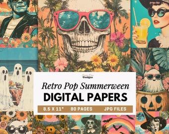 Pode incluir: Uma coleção de papéis digitais com ilustrações pop art retrô de caveiras, fantasmas, bruxas e monstros em cenários de verão. O texto central diz Retro Pop Summerween DIGITAL PAPERS 8.5 X 11" 80 PAGES JPG FILES.