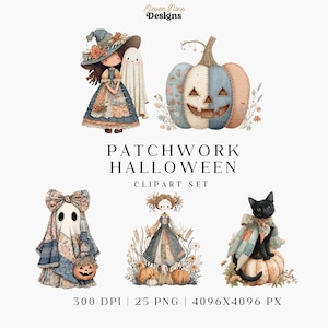 May include: A digital clipart set titled "Patchwork Halloween" featuring watercolor illustrations. The set includes a witch doll, a ghost, a pumpkin, a scarecrow doll, a black cat, and a ghost with a pumpkin. The image also includes the text "300 DPI | 25 PNG | 4096x4096 PX."
