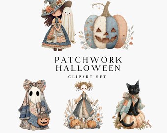 Patchwork Halloween-clipart, gezellige vintage Halloween-graphics, pastel quilt geesten heksen skeletten pompoenen, Cottagecore herfst png