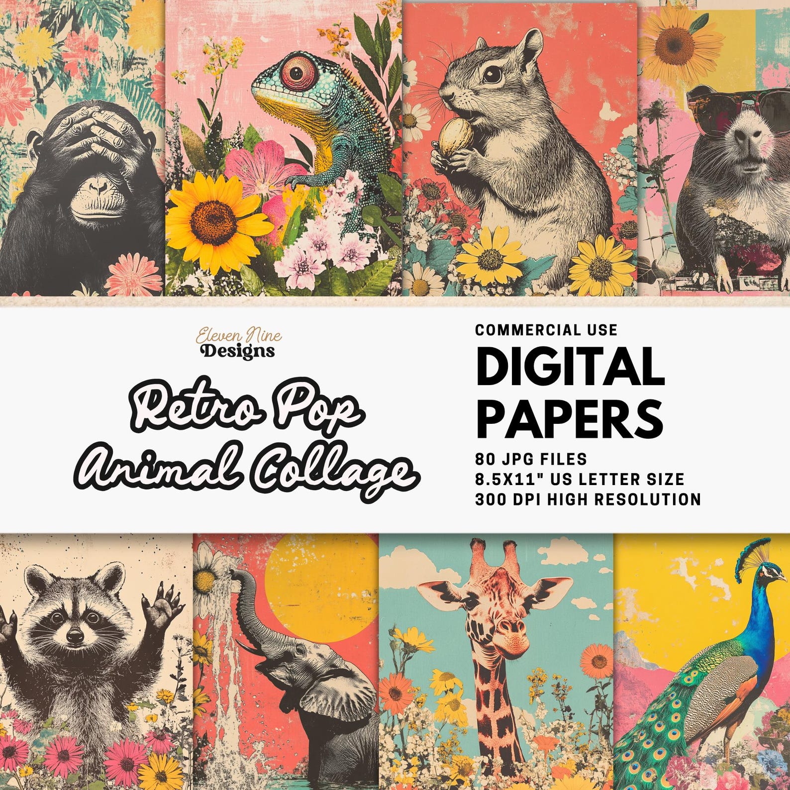 Retro Pop Animal Digital Paper, Printable Collage Animal Backgrounds ...
