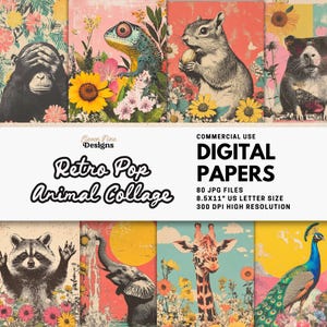 Może przedstawiać: Cyfrowe papiery z projektem kolażu zwierząt w stylu retro pop. Kolekcja zawiera 80 plików JPG, każdy o wymiarach 21,59 cm x 27,94 cm, o wysokiej rozdzielczości 300 DPI. Projekty przedstawiają różne zwierzęta z elementami kwiatowymi.