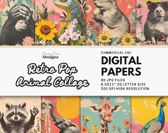 Retro Pop Animal Digital Paper, Printable Collage Animal Backgrounds for Junk Journals, Scrapbooking, Art Journaling, Colorful Grunge