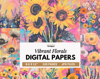 Bright Floral Digital Paper, Vibrant Backgrounds, Colorful Floral Scrapbook Paper, Abstract Flowers Junk Journal Print, Pink, Orange, Yellow