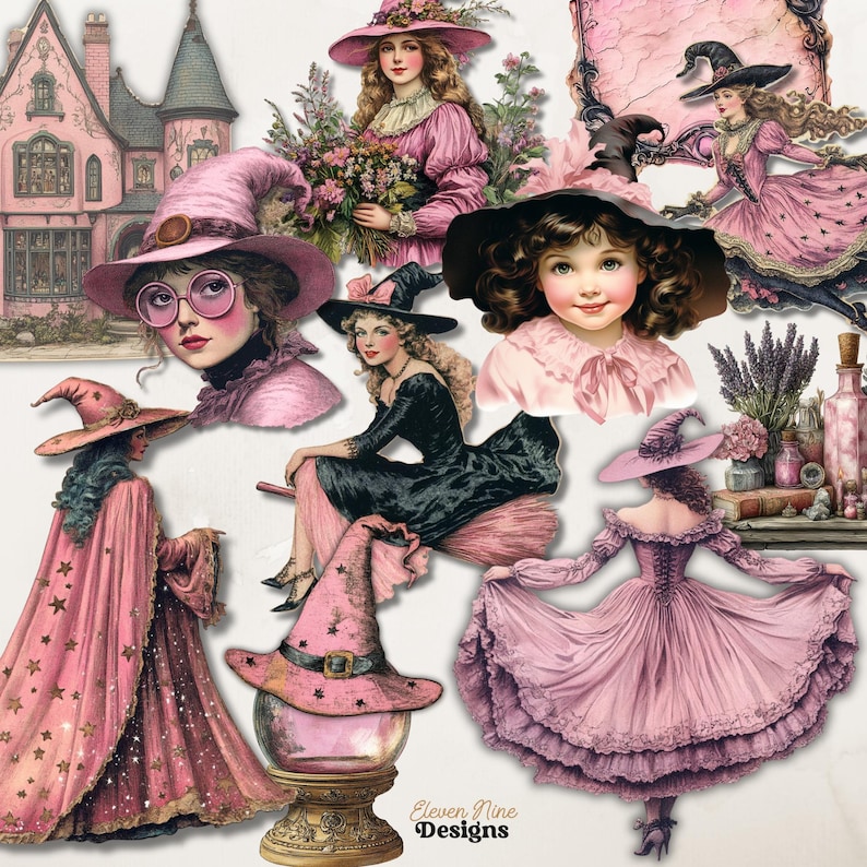 Op de afbeelding: Een digitale collage met roze heksen, een roze huis en een roze kristallen bol. De heksen dragen roze hoeden en jurken. Het huis heeft een roze dak en witte versieringen. De kristallen bol staat op een gouden standaard. De tekst "Eleven Nine Designs" staat onderaan de afbeelding.
