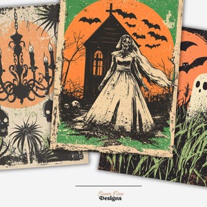 May include: Three vintage Halloween themed digital paper designs. The first design features a black chandelier with a red and orange background. The second design features a spooky bride in a white dress walking towards a church with a red and orange moon in the background. The third design features a white ghost in a field of green grass with a black and orange background.