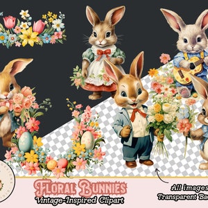 May include: A set of five vintage-inspired clipart images featuring bunnies with floral accents. The bunnies are dressed in various outfits, including a blue dress, a blue shirt with overalls, and a blue jacket. The images have transparent backgrounds.