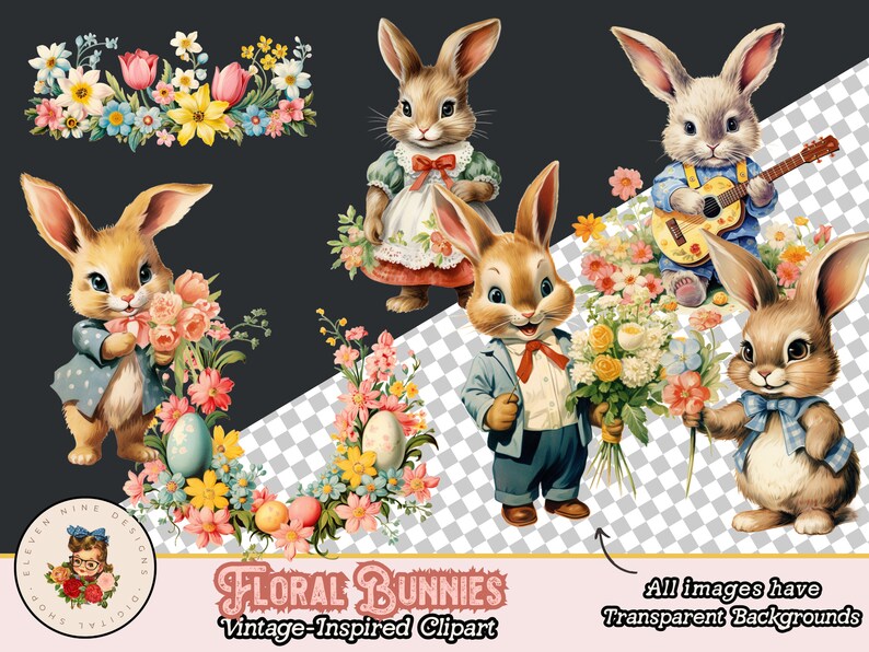 May include: A set of five vintage-inspired clipart images featuring bunnies with floral accents. The bunnies are dressed in various outfits, including a blue dress, a blue shirt with overalls, and a blue jacket. The images have transparent backgrounds.