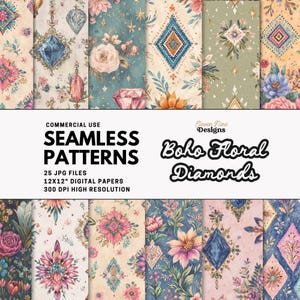 Floral Boho Diamonds Seamless Patterns, Bohemian Digital Paper, Gems and Jewels, Muted Pale Pastel Printable Backgrounds, 12x12 JPG