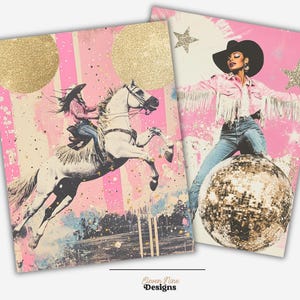 May include: Two art prints with a pink and gold theme. One features a cowgirl riding a white horse, the other a woman in a pink jacket on a disco ball. The text "Eleven Nine Designs" is at the bottom.