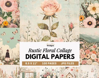 Floral Digital Paper, Rustic Flowers Scrapbook Paper, Vintage Floral Backgrounds, Shabby Chic Junk Journal Pages, Printable Paper Pack