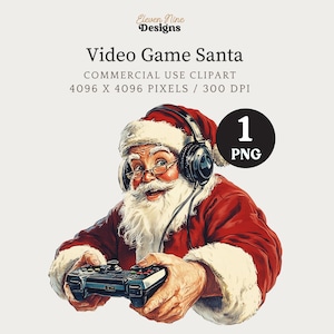 May include: Digital illustration of Santa Claus wearing headphones and holding a video game controller. Santa is dressed in his traditional red suit with white fur trim. The image includes the text "Video Game Santa" and "COMMERCIAL USE CLIPART".