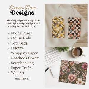 Pu&ograve; includere: Immagine con carte digitali con motivi floreali e a scacchi. L'immagine include un tappetino per mouse, etichette e un elenco di prodotti come custodie per telefoni, borse tote e cuscini. Il testo "Eleven Nine Designs" &egrave; in alto.