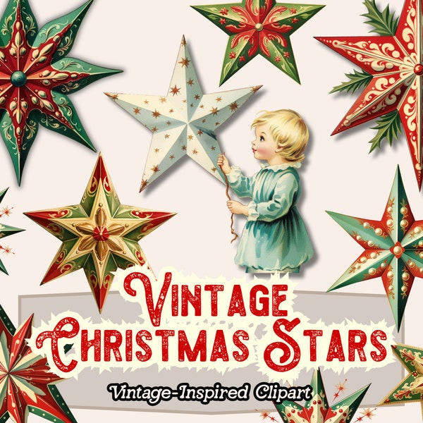 Stars Clipart, Christmas Star PNG, Vintage Christmas Clipart, Vintage Stars, Retro Star PNG, Red and Green Stars, Red and White Stars