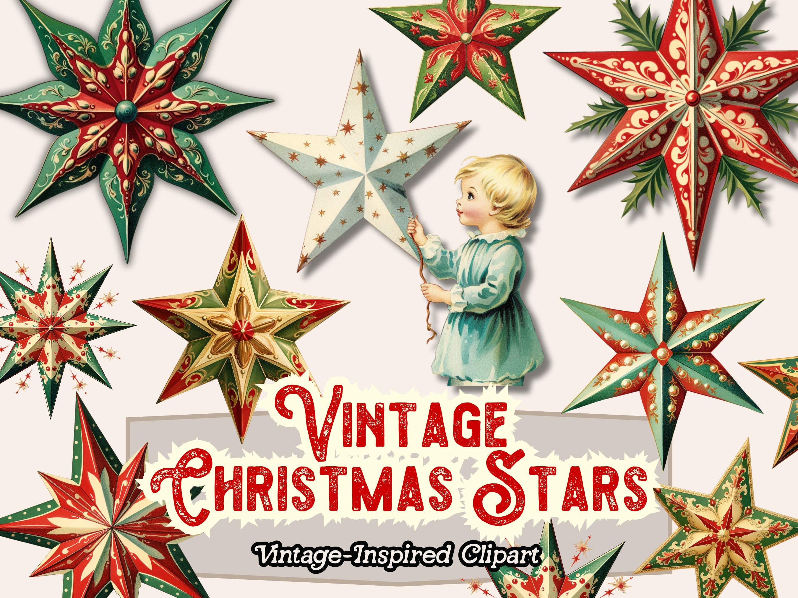 Sterren clipart, kerstster PNG, vintage kerst clipart, vintage sterren,  retro ster PNG, rode en groene sterren, rode en witte sterren - Etsy België, image size:2700x2025