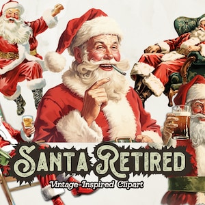 Drôle de père Noël Clipart PNG, père Noël rétro PNG, Noël drôle PNG, Clipart retraite, père Noël moto, humour adulte Clip Art, téléchargement numérique
