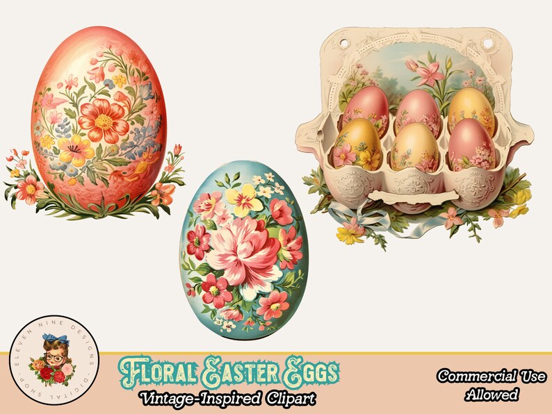 K&ouml;nnte beinhalten: Vintage-inspirierte florale Ostereier-Clipart. Das Bild zeigt drei dekorierte Eier, eines in einem Karton und zwei einzelne Eier. Die Eier sind mit bunten Blumen in Rosa-, Gelb- und Blaut&ouml;nen verziert. Der Text "Floral Easter Eggs" ist ebenfalls sichtbar.