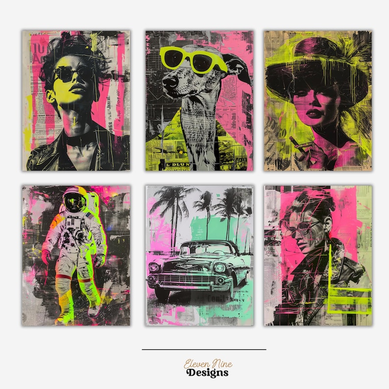 May include: Six colorful abstract art prints with a variety of subjects including a person wearing sunglasses, a dog wearing sunglasses, a person wearing a hat, a person in a space suit, a car, and a person wearing sunglasses. The prints are on a white background.