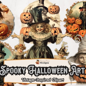 Clipart vintage de Halloween, ilustrações assustadoras de Halloween, uso comercial PNG, diários de scrapbook, download digital clipart de fantasia mágica