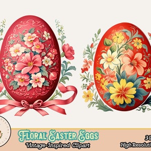 K&ouml;nnte beinhalten: Zwei Illustrationen von Ostereiern im Vintage-Stil. Eines ist rot mit rosa und wei&szlig;en Blumen, umgeben von gr&uuml;nen Bl&auml;ttern und einem rosa Band. Das andere ist rot mit gelben und wei&szlig;en Blumen. Der Text lautet "Floral Easter Eggs".