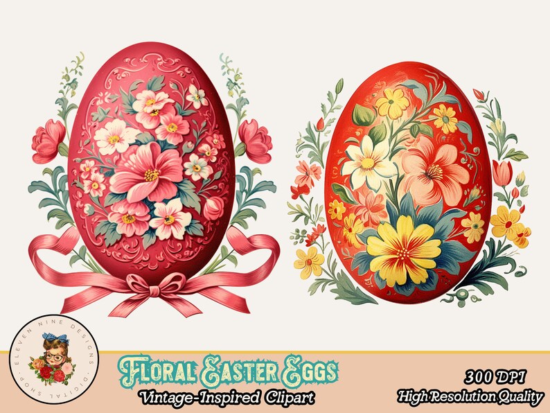 K&ouml;nnte beinhalten: Zwei Illustrationen von Ostereiern im Vintage-Stil. Eines ist rot mit rosa und wei&szlig;en Blumen, umgeben von gr&uuml;nen Bl&auml;ttern und einem rosa Band. Das andere ist rot mit gelben und wei&szlig;en Blumen. Der Text lautet "Floral Easter Eggs".