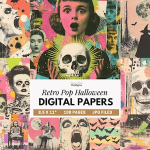 Puede incluir: Un collage de imágenes de arte pop retro con temática de Halloween. Las imágenes incluyen calaveras, murciélagos y retratos vintage. El texto de la imagen dice "Retro Pop Halloween DIGITAL PAPERS" y "8.5 X 11" 100 PAGES JPG FILES."