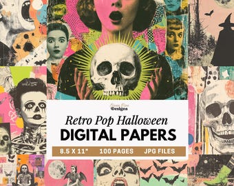 Retro Pop Halloween Digital Papers, Vintage Horror Collage Backgrounds, Spooky Scrapbook Pages, Junk Journal Ephemera, Vintage Creepy Photos