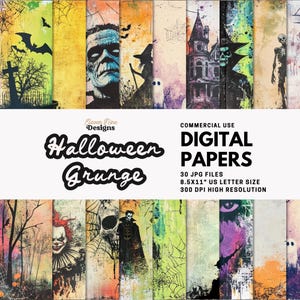 Paquete de papeles digitales grunge de Halloween: 30 JPG espeluznantes de 8,5 x 11 pulgadas, con fondos de terror, casas embrujadas, brujas, payasos, monstruos y Halloween vintage.