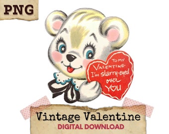 Vintage Valentines Clipart, Retro Valentines, Bear Clipart, Valentine Digital Download, Vintage Printable Valentines Bear PNG