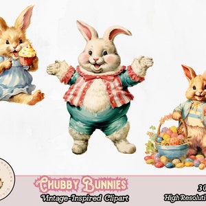 May include: Three cartoon bunnies in vintage style illustrations. The bunny on the left is holding a cupcake, the bunny in the middle is wearing a blue and red striped shirt, and the bunny on the right is holding a basket of colorful Easter eggs.