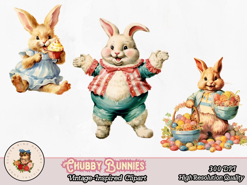 May include: Three cartoon bunnies in vintage style illustrations. The bunny on the left is holding a cupcake, the bunny in the middle is wearing a blue and red striped shirt, and the bunny on the right is holding a basket of colorful Easter eggs.