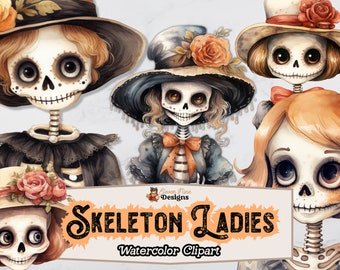 May include: Four watercolor illustrations of skeleton ladies with different hairstyles and hats. The ladies are wearing various outfits, including a black dress, a blue dress, and a white dress. The text "Skeleton Ladies Watercolor Clipart" is at the bottom of the image.
