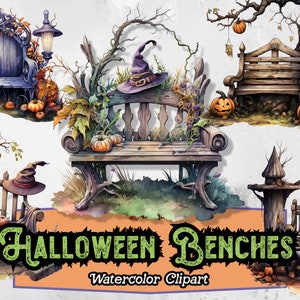 May include: A set of five watercolor illustrations of Halloween benches. The benches are made of wood and have a rustic look. They are decorated with pumpkins, leaves, and other Halloween-themed elements. The text "HALLOWEEN BENCHES Watercolor Clipart" is at the bottom of the image.