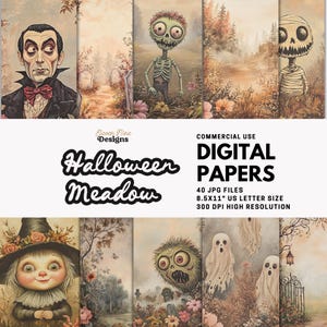 May include: Digital papers featuring Halloween-themed illustrations. The designs include a vampire, a zombie, a mummy, and a witch. The text on the image says "Halloween Meadow" and "Digital Papers". The papers are 8.5x11 inches in size.