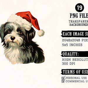 May include: A black and white dog wearing a red Santa hat. The dog is looking directly at the viewer. The image is a digital illustration.