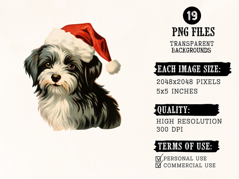 May include: A black and white dog wearing a red Santa hat. The dog is looking directly at the viewer. The image is a digital illustration.