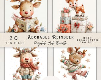 Imágenes prediseñadas de renos adorables en formato JPG, gráficos invernales, renos navideños para imprimir, descarga digital de renos, manualidades en papel, álbumes de recortes y diarios de recortes.